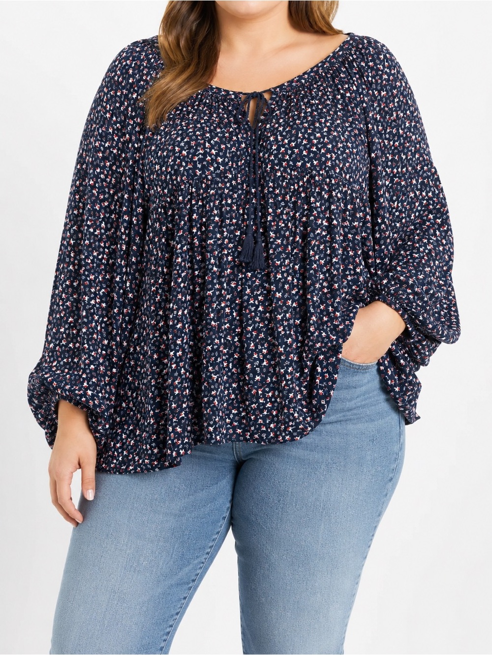 Denim & Supply Ralph Lauren Navy Floral Tie-Front Peasant Blouse Size Large